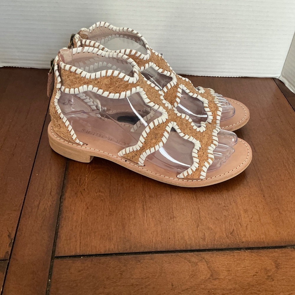 Jack Rogers Cork Gladiator Sandals‎ Whipstitch White Natural Tan Womens 5.5 M